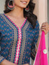 Janasya Women's Dark Blue Pure Cotton Floral Printed Straight Kurta With Sharara & Dupatta Set